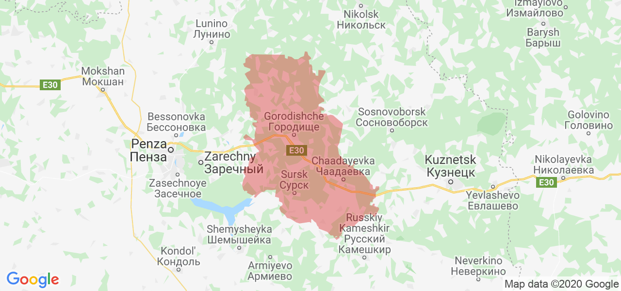 Изображение Городищенского района Пензенской области на карте