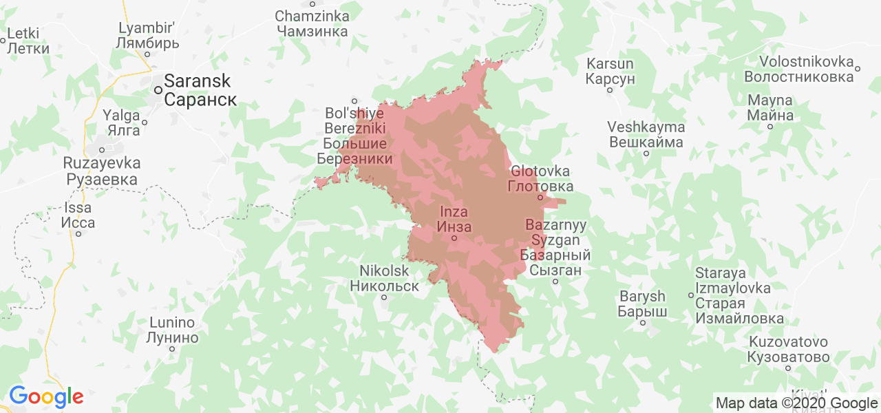Изображение Инзенского района Ульяновской области на карте