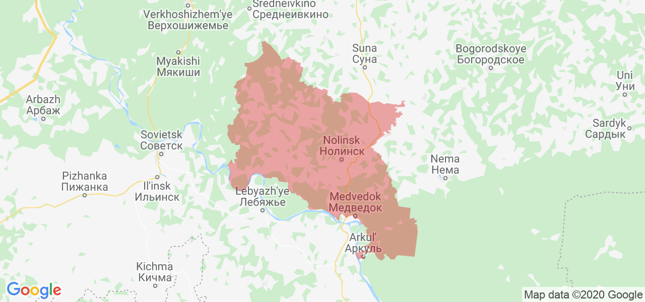 Изображение Нолинского района Кировской области на карте