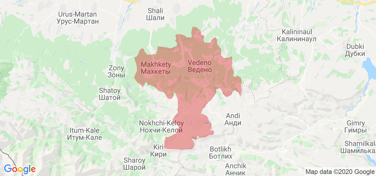 Изображение Веденского района Чеченской республики на карте