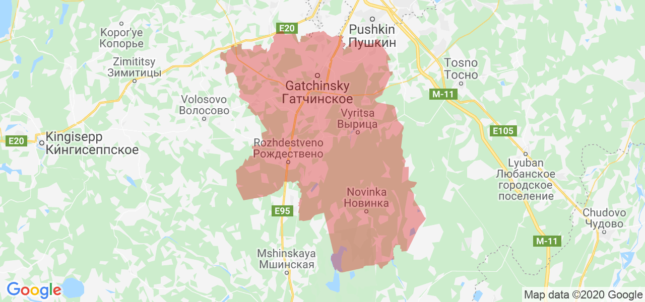 Изображение Гатчинского района Ленинградской области на карте